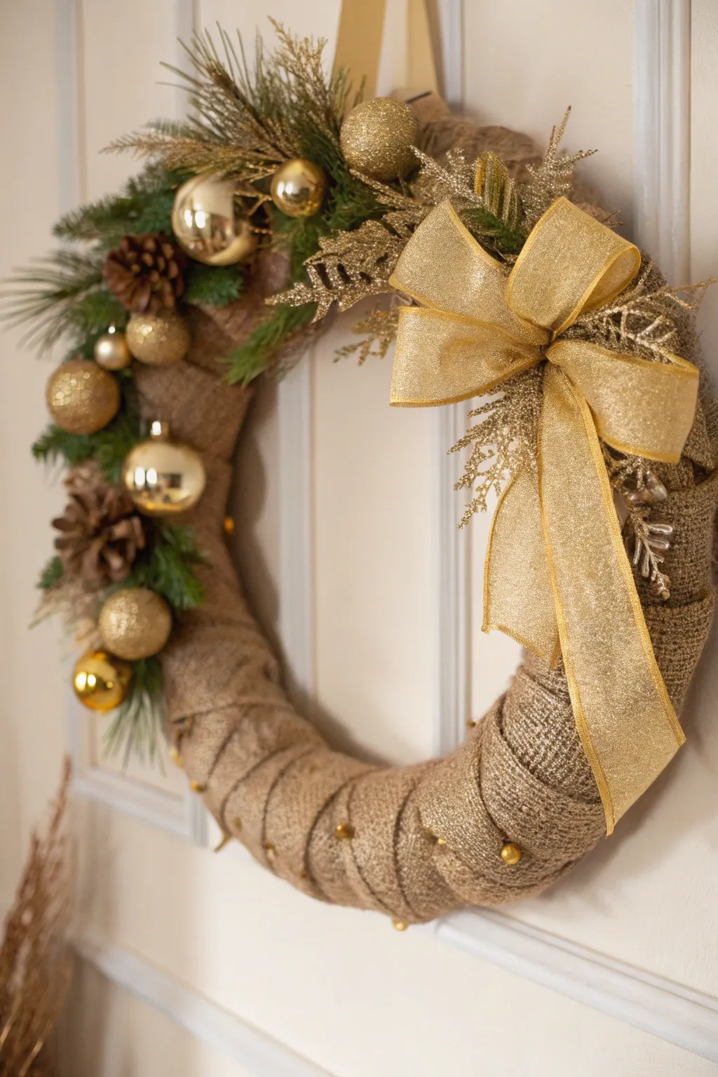 Elevate your holiday decor with a touch of gold glamour in a rustic burlap wreath.