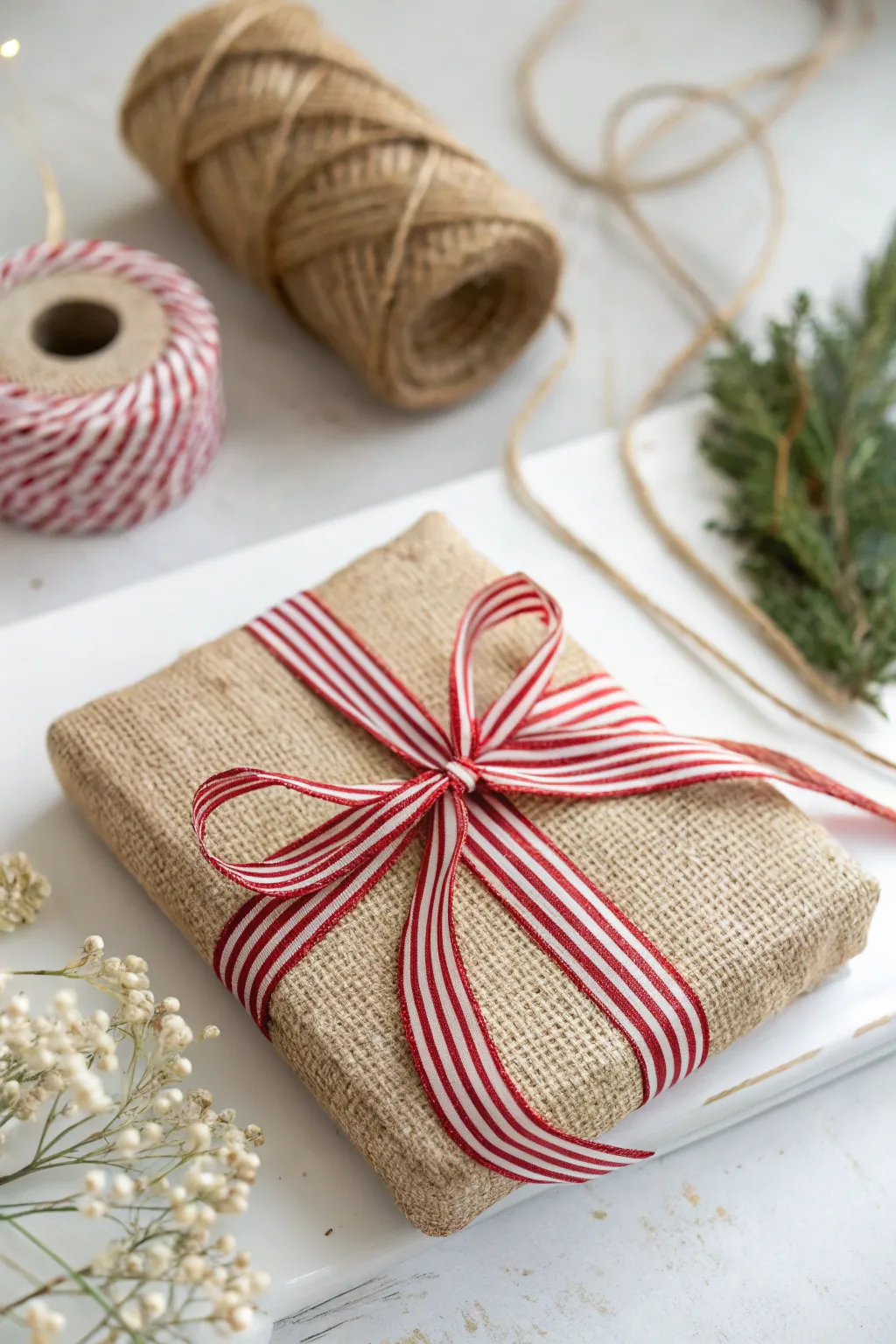 Discover the art of burlap gift wrapping with a playful twist of red and white stripes, perfect for a touch of festive charm.
