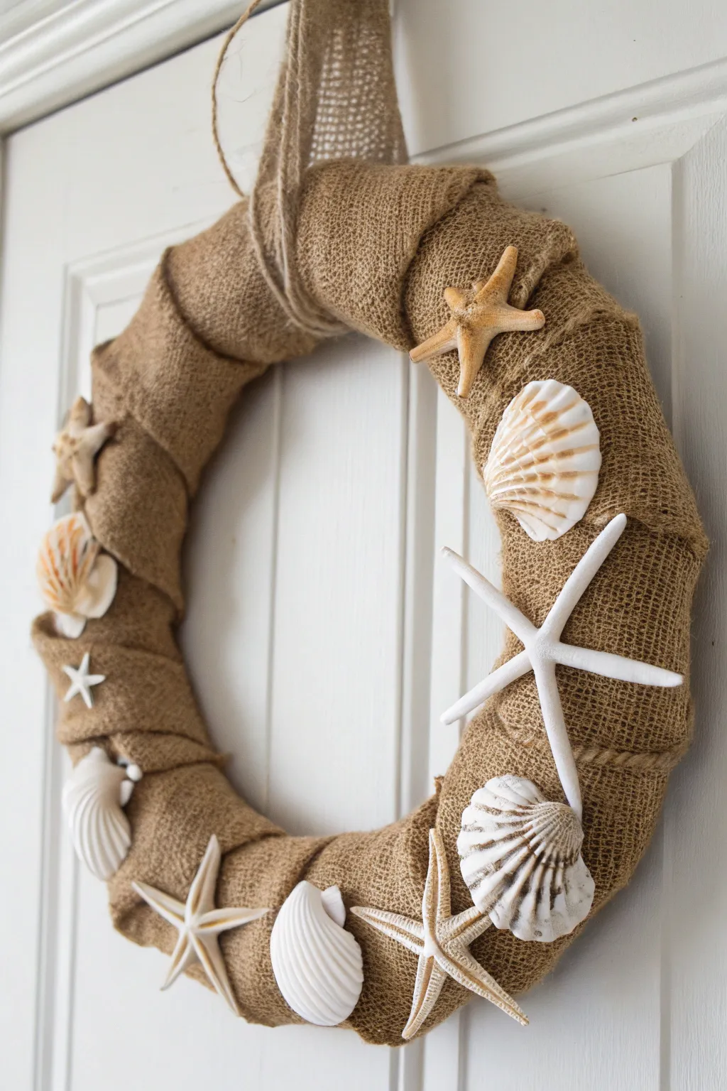 Bring the tranquility of the coast to your home with this beautifully crafted burlap wreath adorned with seashells and starfish.