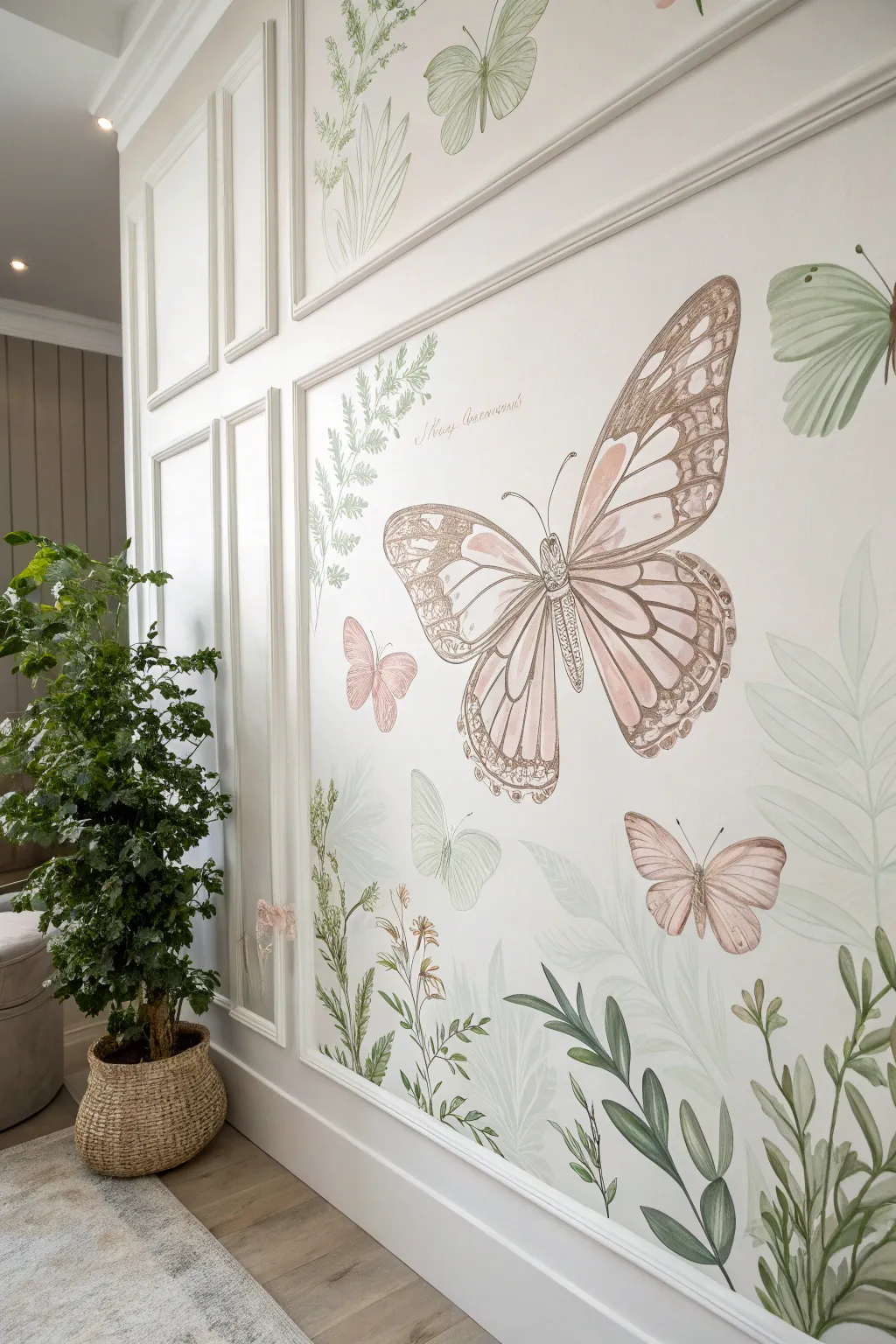 Transform your space with the serene elegance of a hand-painted butterfly mural, where minimalist design meets natural beauty.