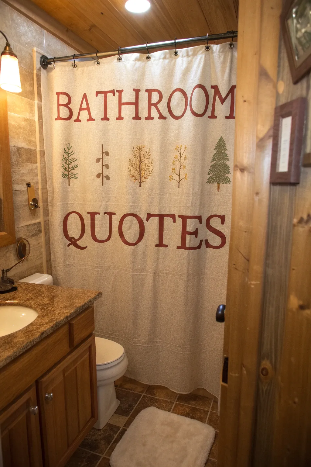 A shower curtain featuring rustic words and quotes for a personalized touch.