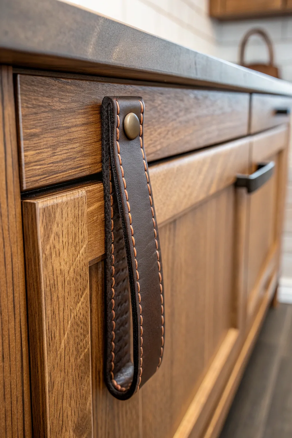 Elevate your cabinetry with bespoke leather pulls for a touch of modern craftsmanship.