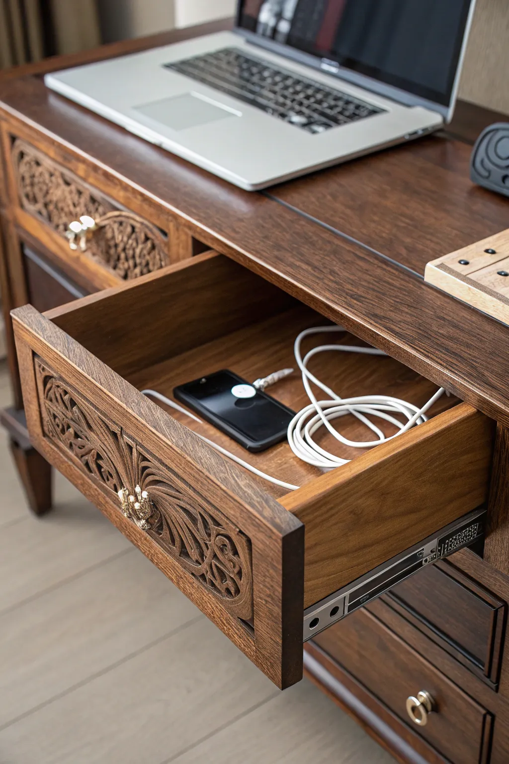 Masterfully crafted: Transform a classic drawer into a sleek cable management solution.