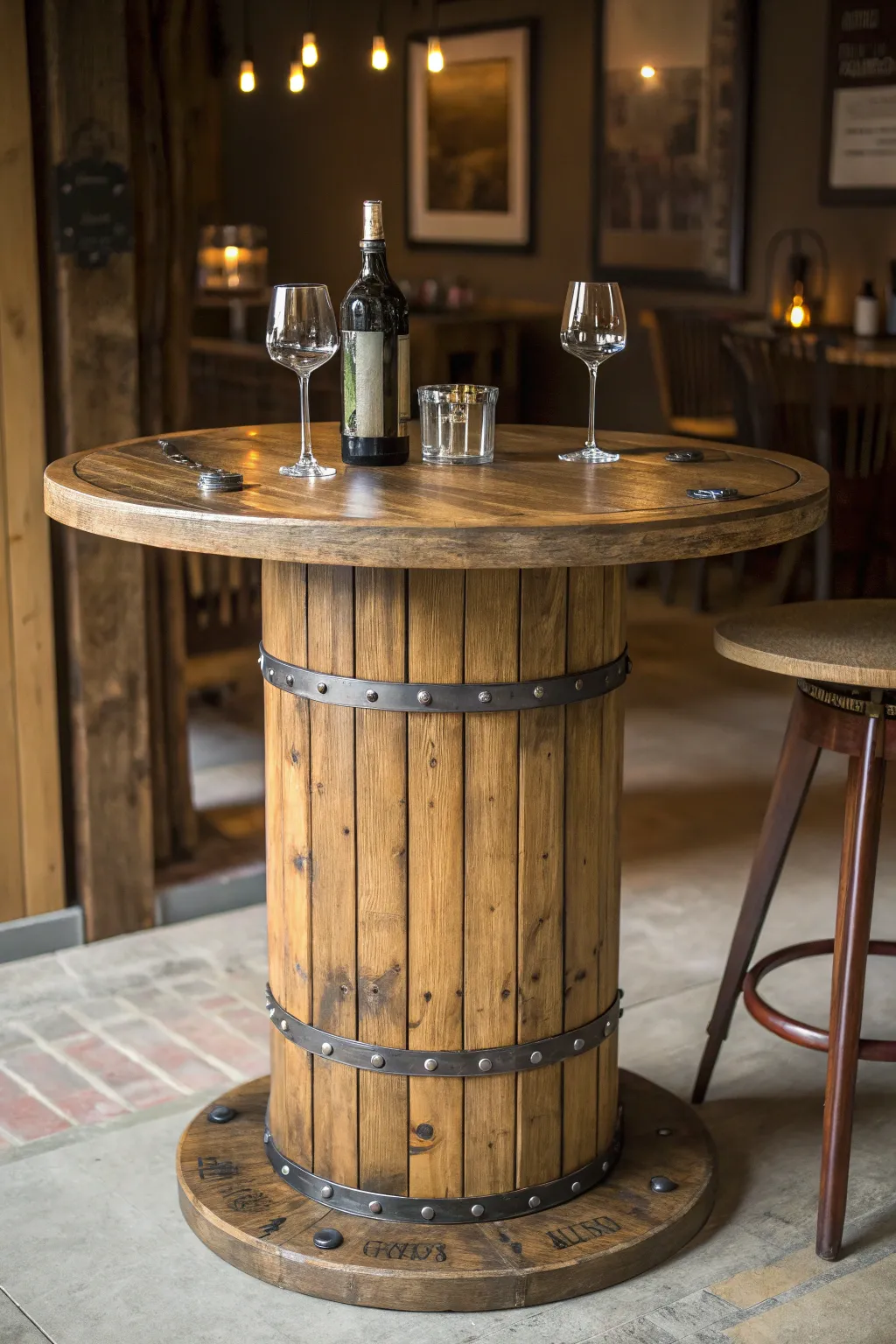 Transform your space with this handcrafted spool bar table, where rustic elegance meets industrial style.