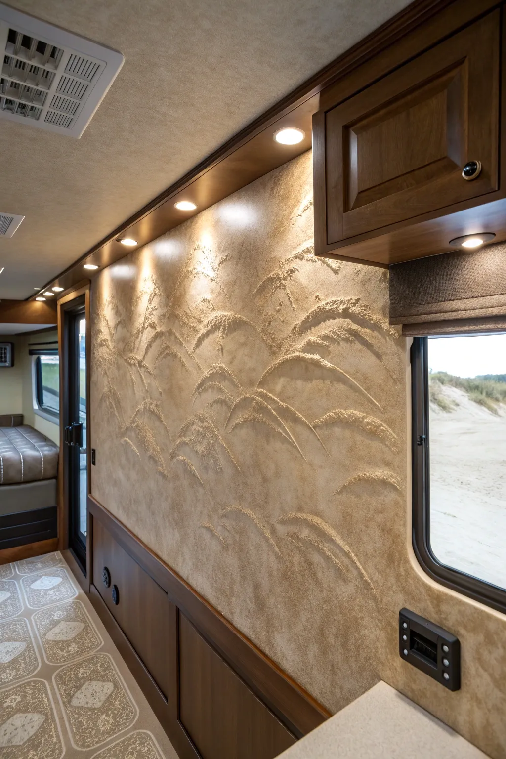 Transform your RV interior with the tactile allure of sand-textured paint, bringing the essence of the beach to life.