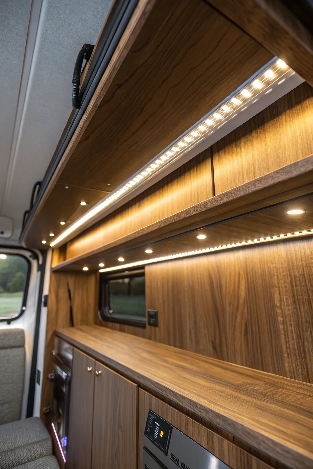 Transform your camper with stylish under shelf lighting for ultimate visibility and organization.