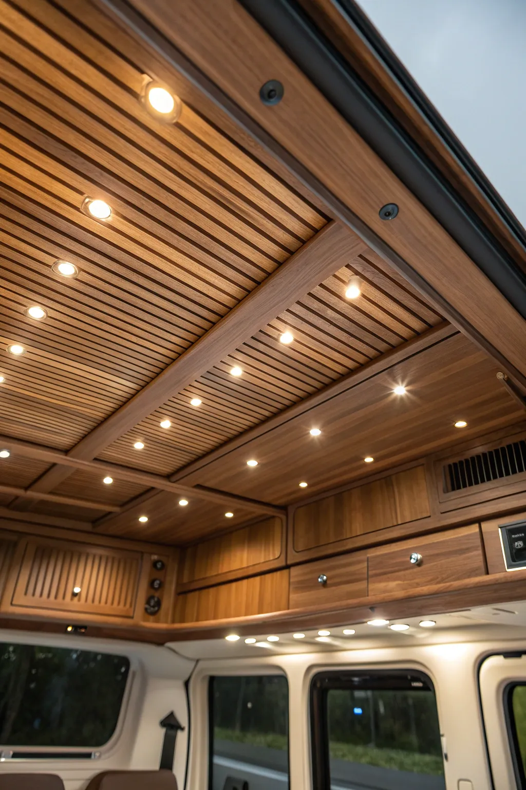 Experience the perfect harmony of craftsmanship and ambient lighting in your campervan ceiling design.