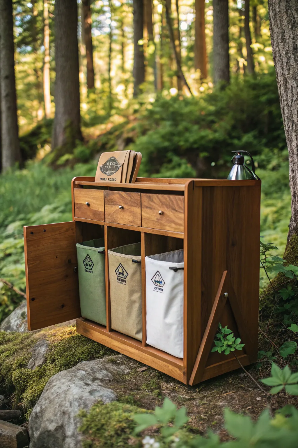 Elevate your campsite organization with a beautifully crafted trash and recycling station.