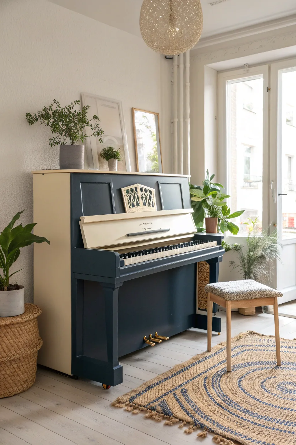 Transform your piano into a statement piece with a chic two-tone design, blending navy and cream for timeless elegance.