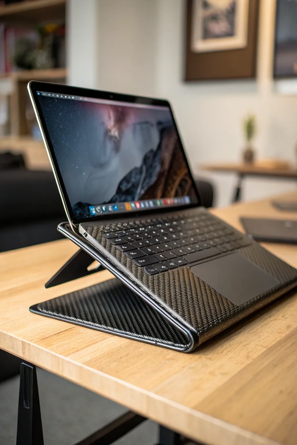 Elevate your workspace with this expertly crafted carbon fiber laptop stand — where style meets functionality.