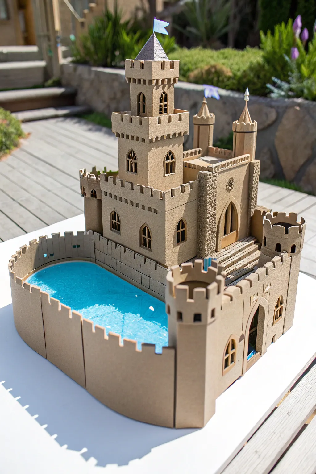 Transform cardboard into a whimsical castle with a charming moat—where simplicity meets creativity in bold colors!