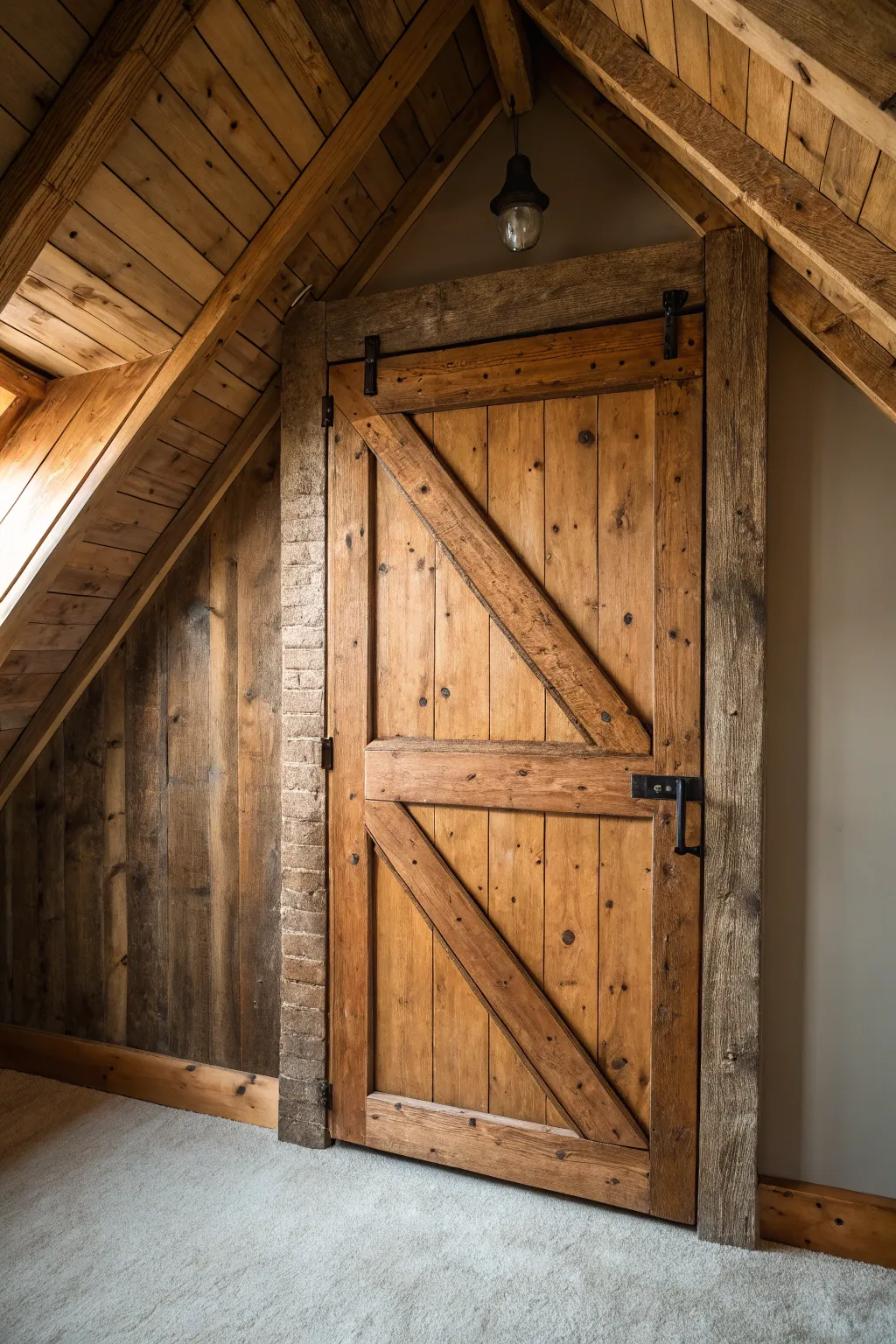Embrace rustic charm with a handcrafted wood panel door that brings warmth and character to your attic space.
