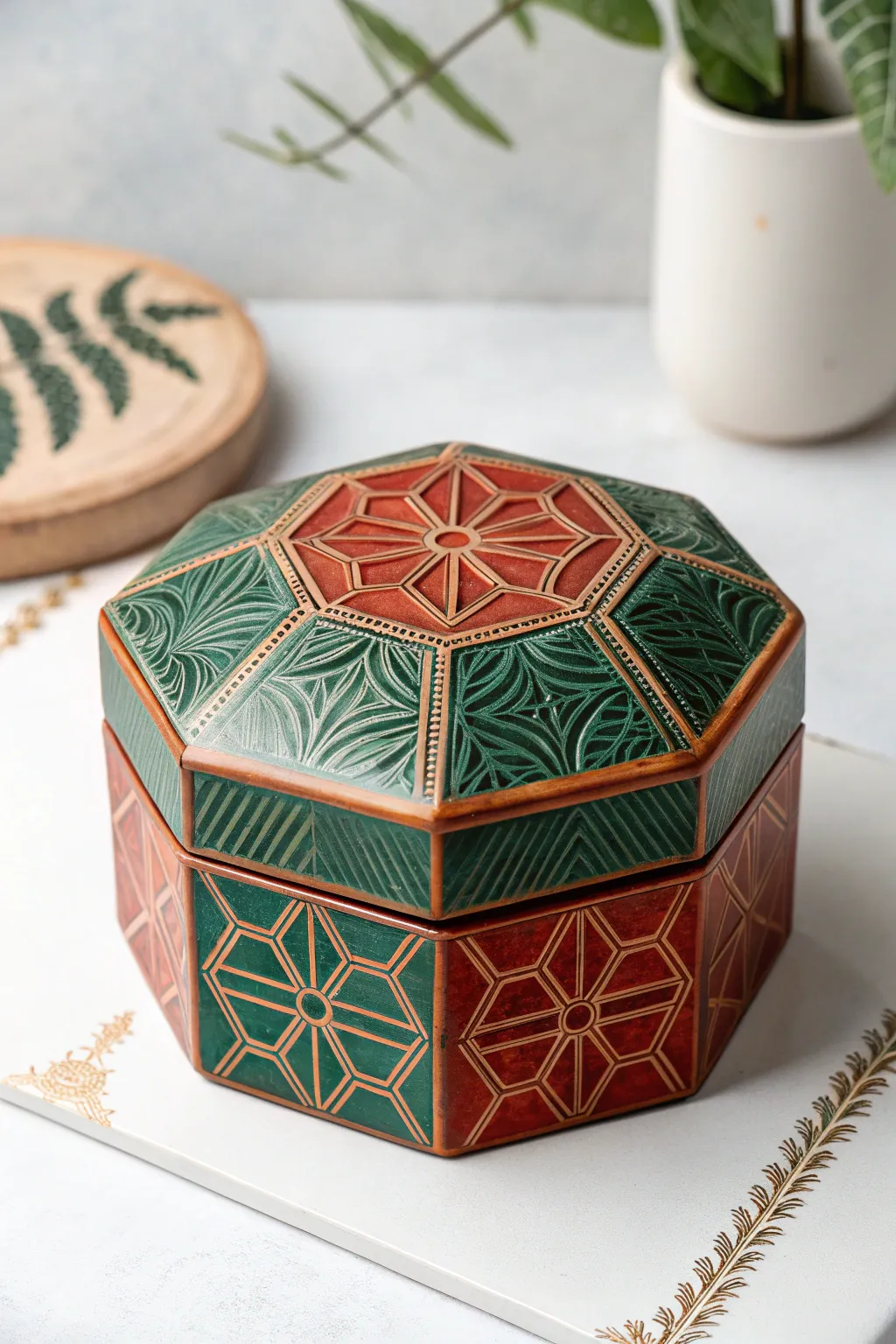 Discover the elegance of geometric design with this stunning hexagon ceramic box—where modern craftsmanship meets bold, natural beauty.