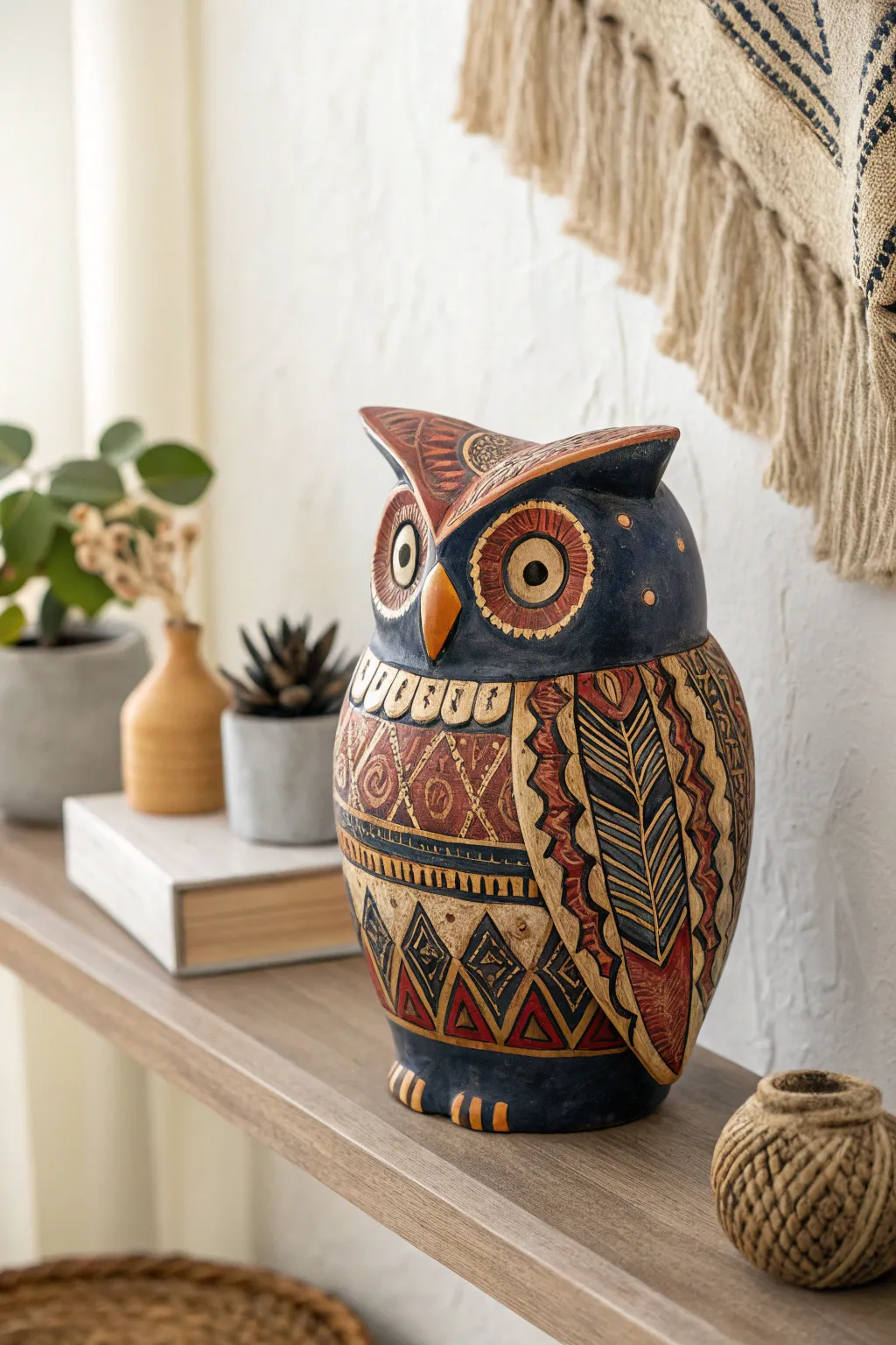 Elevate your space with a globally-inspired ceramic owl, where tribal artistry meets minimalist elegance.