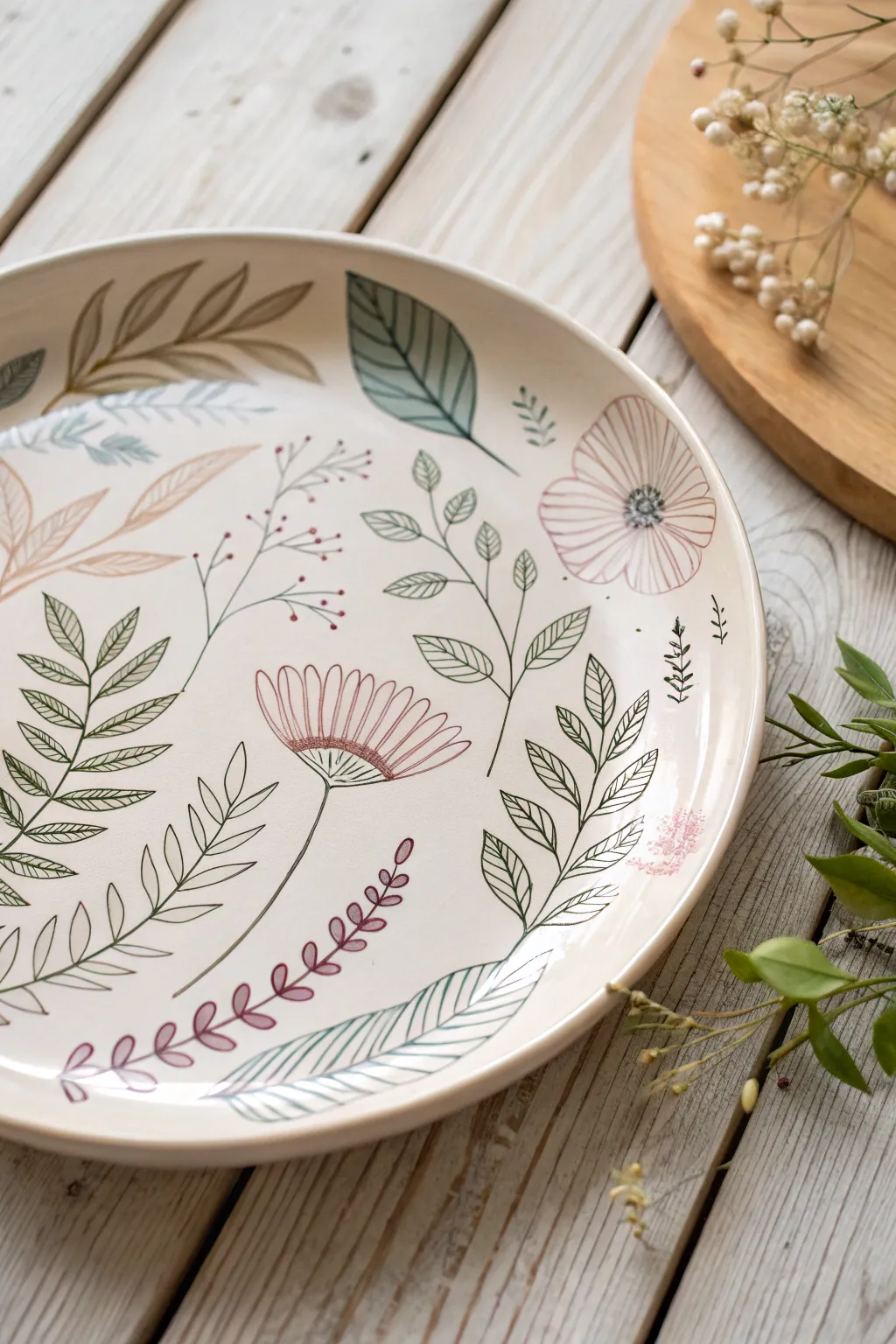 Embrace the serene beauty of nature with botanical artistry on ceramic.