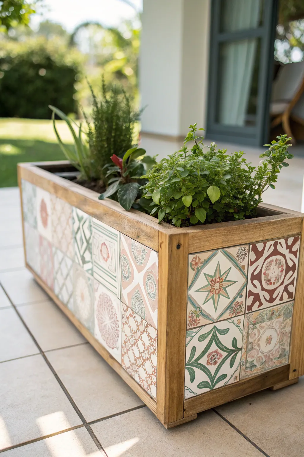Elevate your garden space with a touch of artistic elegance: a mosaic-tiled wooden planter that beautifully blends craftsmanship and natural serenity.