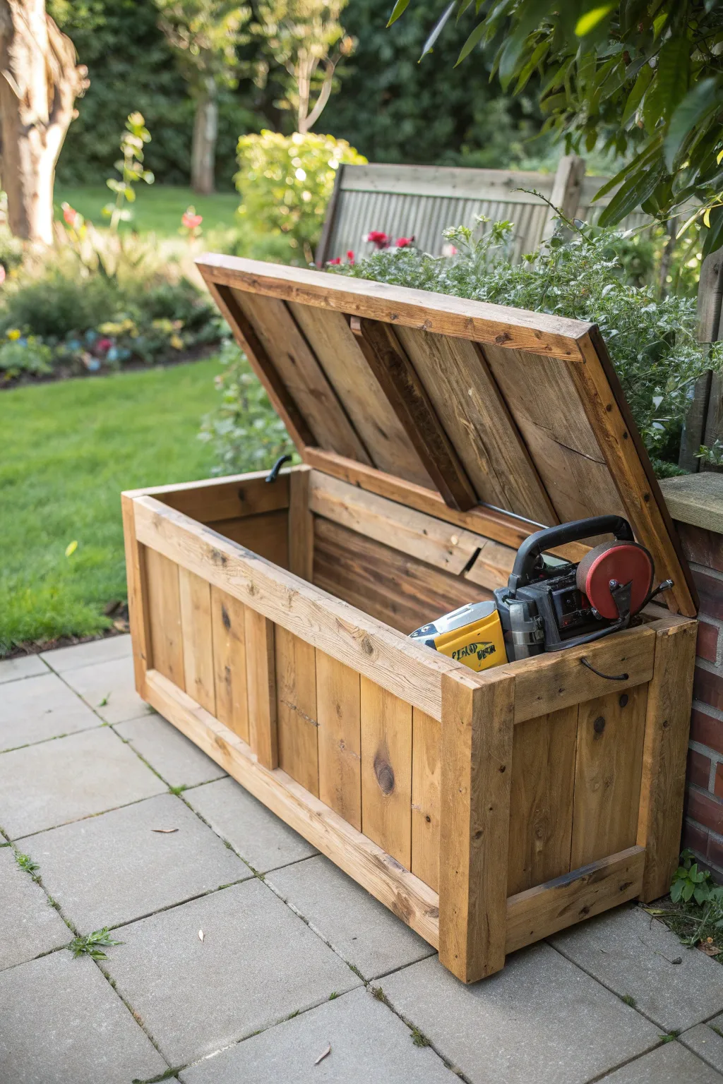 Crafted elegance: A seamless blend of functionality and style with this outdoor storage bench for your chainsaw.