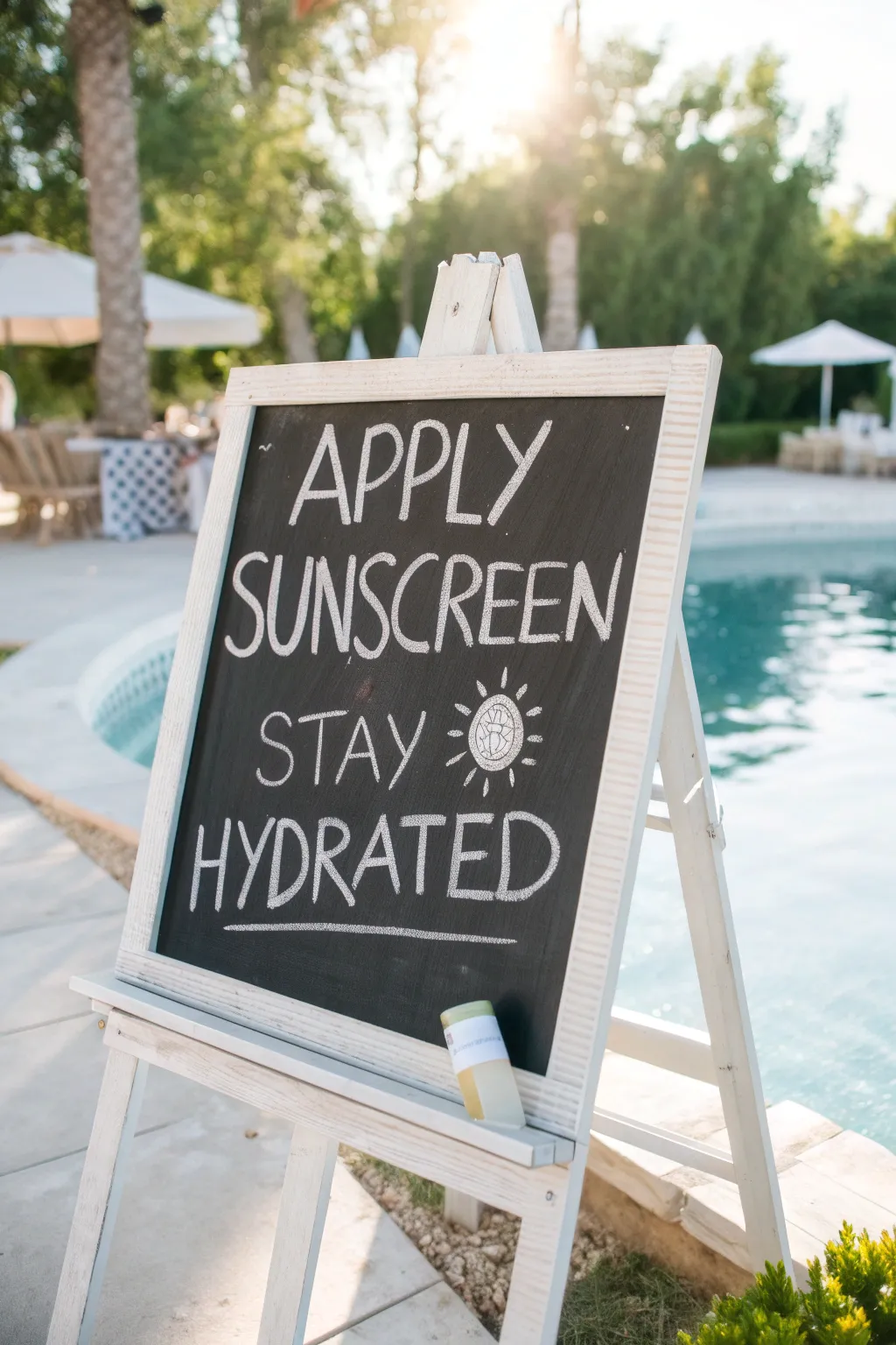 Poolside Perfection: A charming chalkboard reminder to soak up the sun safely and stylishly.