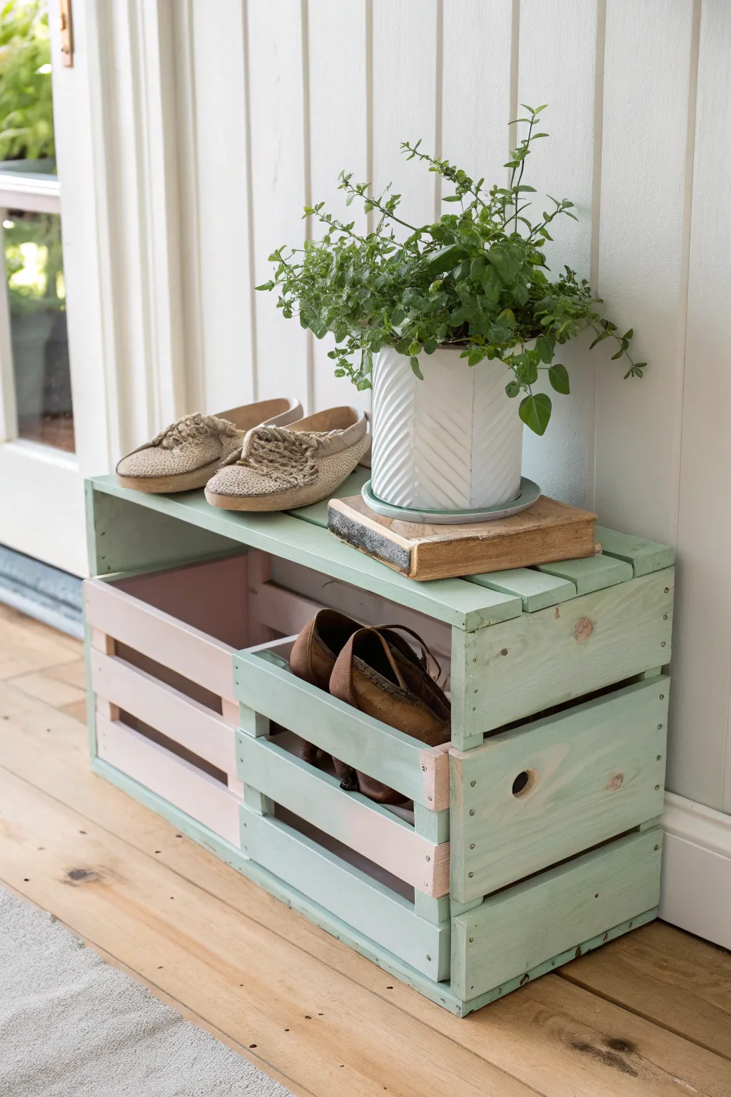 Transform your entryway with a touch of creativity and color. Discover the charm of chalk-painted wooden crates for stylish, minimalist storage solutions. 🌿👟
