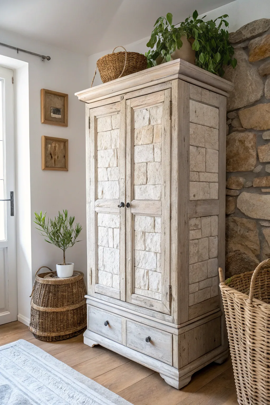 Transform your space with a rustic, stone-like finish on furniture – where craftsmanship meets minimalist elegance.