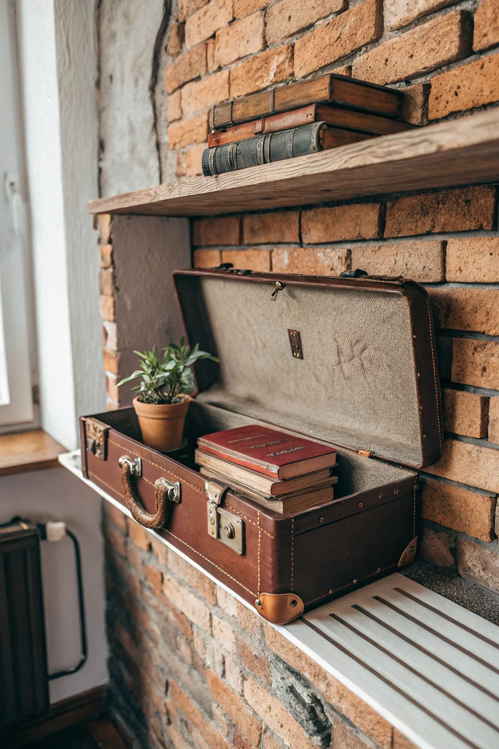 Travel back in time with suitcase shelves: where function meets vintage charm.
