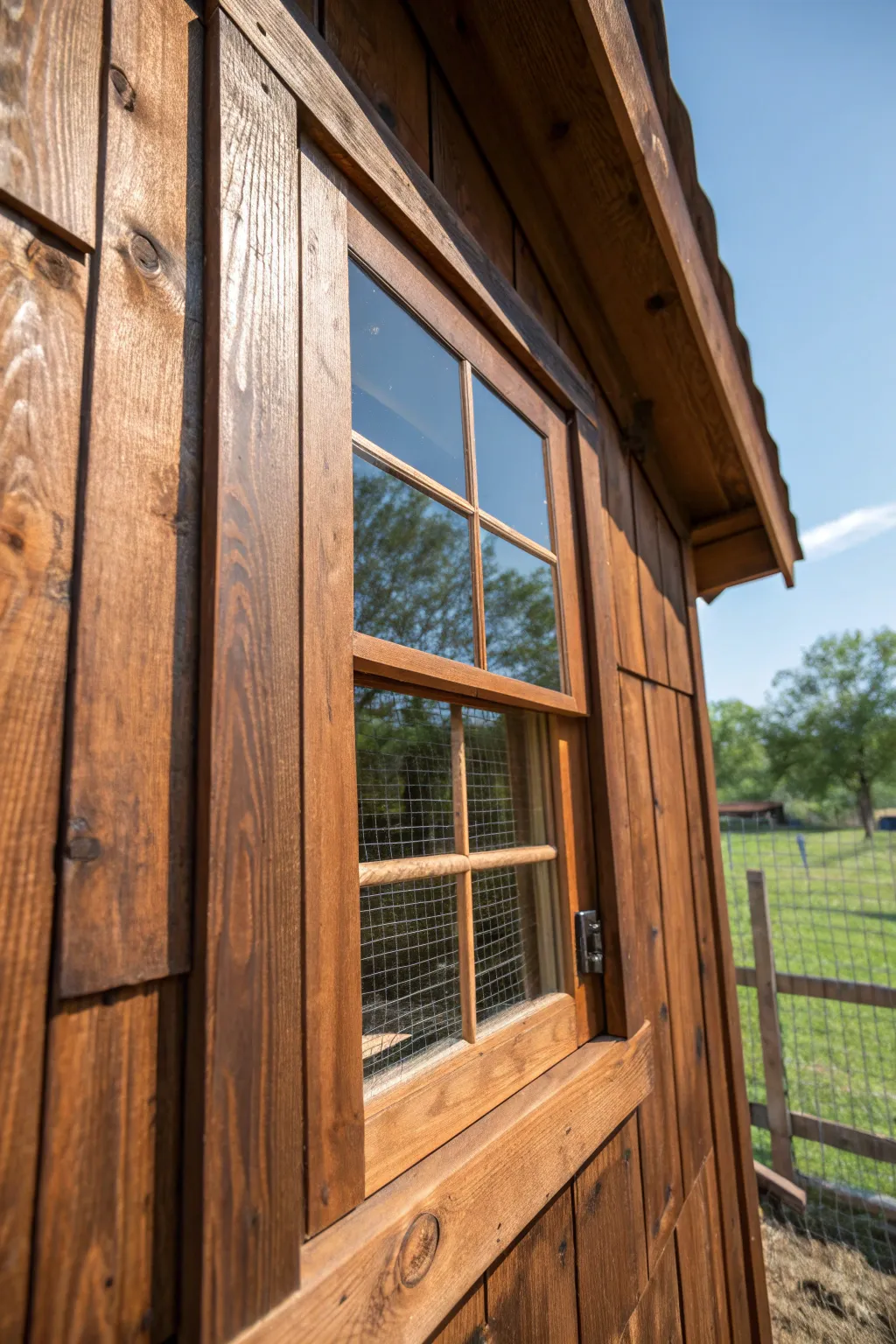 Admire the craftsmanship and versatility of double-hung windows in your chicken coop.