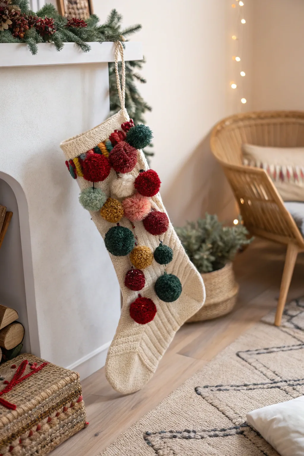 Transform your Christmas stockings with a playful touch of vibrant pom poms for a chic and cozy holiday vibe!