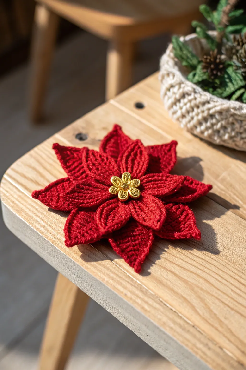 Elevate your holiday style with this elegant crochet poinsettia brooch, a perfect blend of simplicity and festive charm.