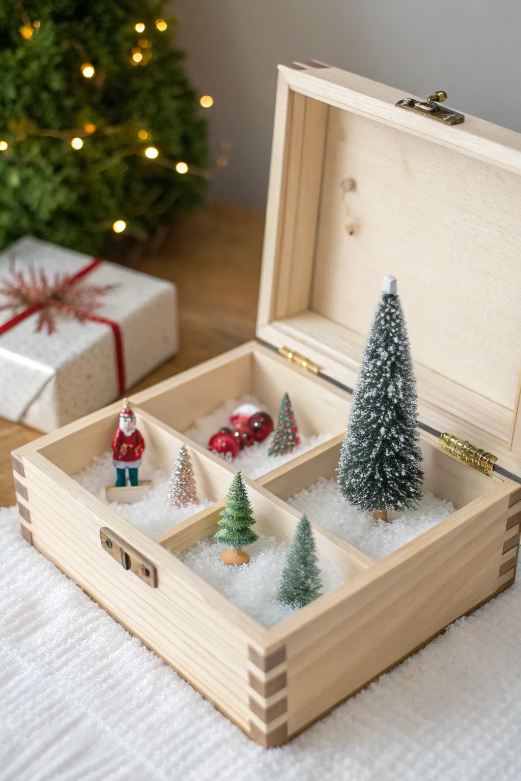 Discover the magic of Christmas in this upcycled jewelry box diorama, where each compartment unveils a cherished holiday memory.