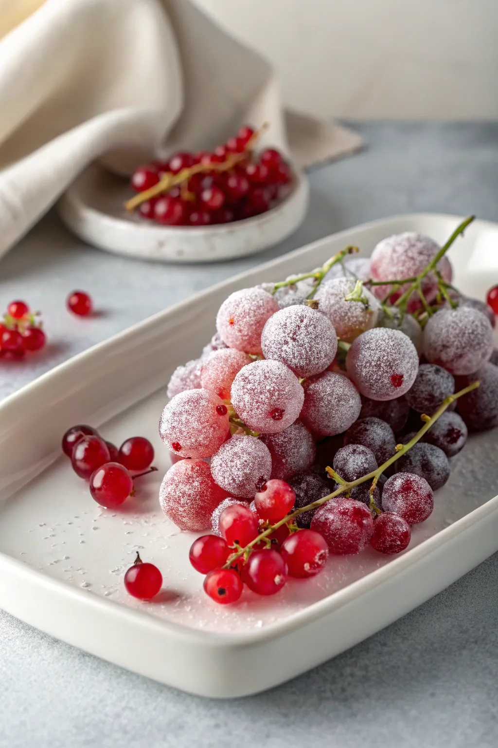 Embrace the magic of winter with a frosty grape and red currant ensemble, where simplicity meets natural beauty.