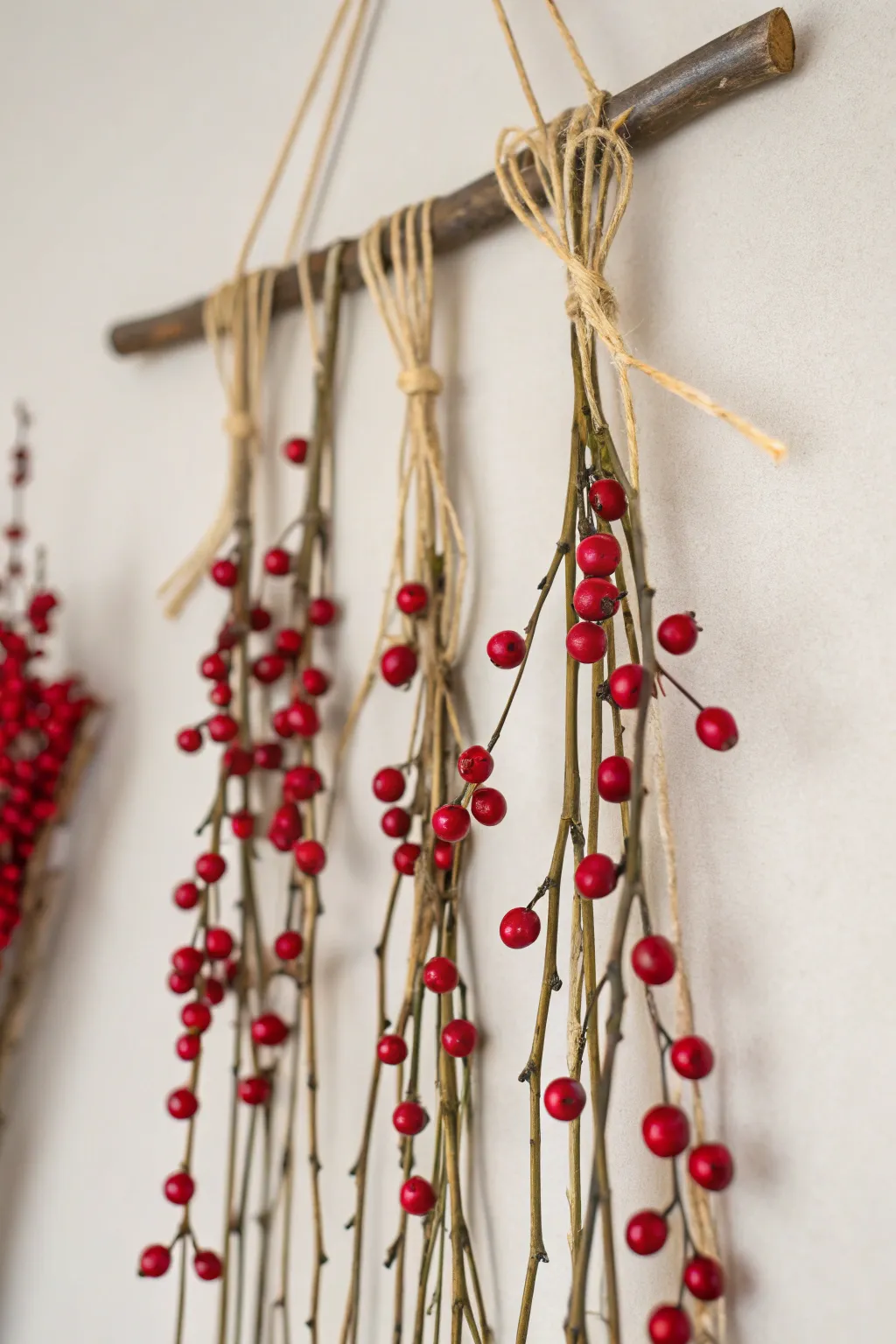 Bring the beauty of nature indoors with this charming twig and berry wall hanging, perfect for adding a touch of rustic elegance to your holiday decor.