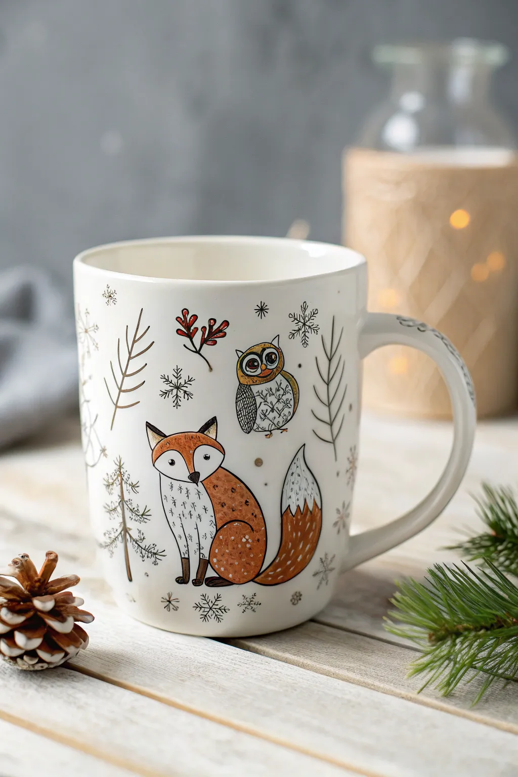Embrace the enchantment of winter with this charming woodland creature mug, perfect for cozy moments.