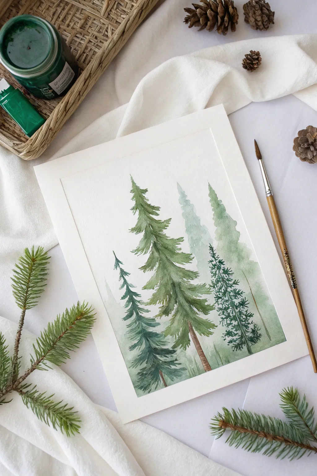 Capture the serene beauty of the season with minimalist evergreen trees in watercolor.
