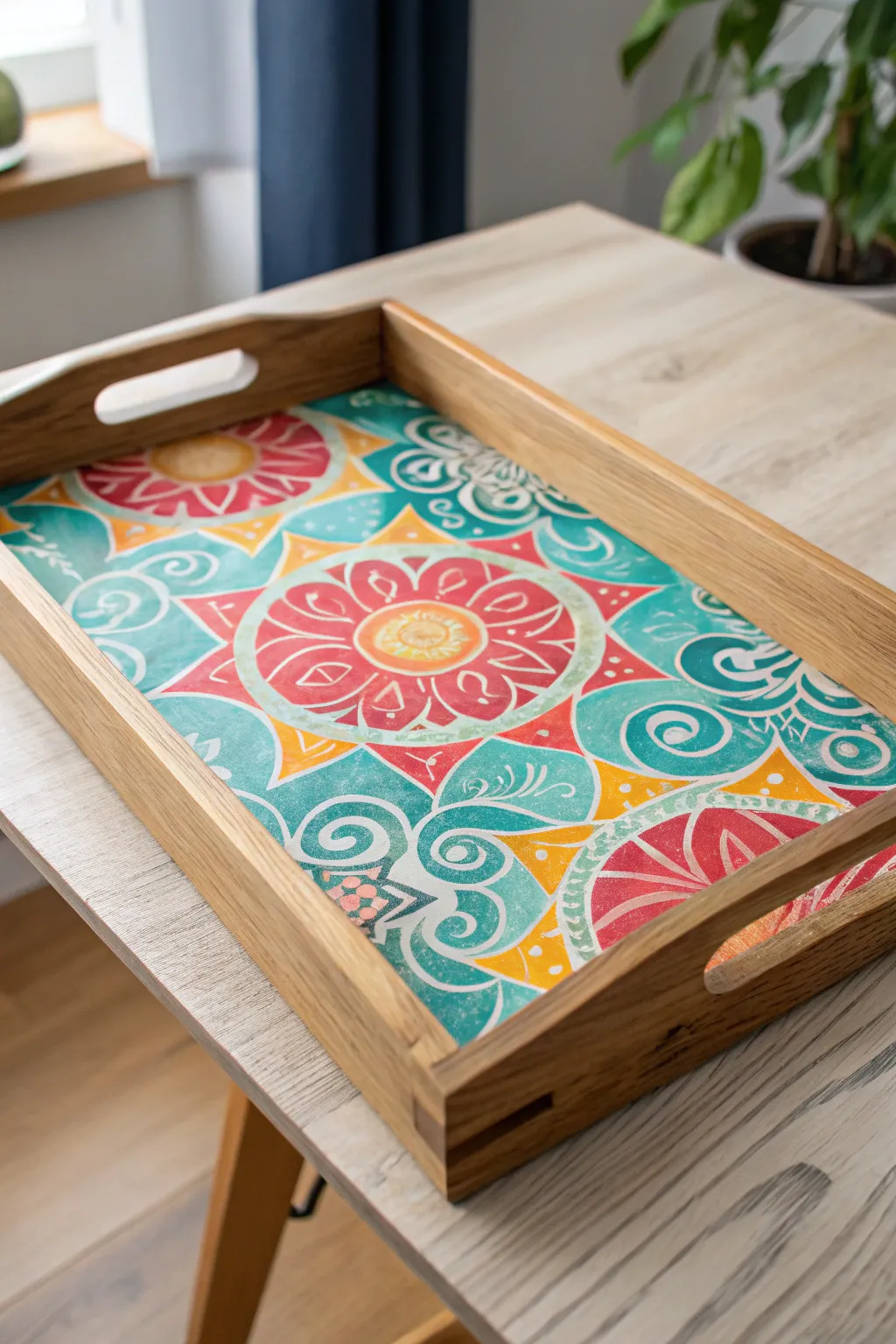 Transform your table setting with this artisanal painted serving tray, where vibrant watercolors meet minimalist elegance.