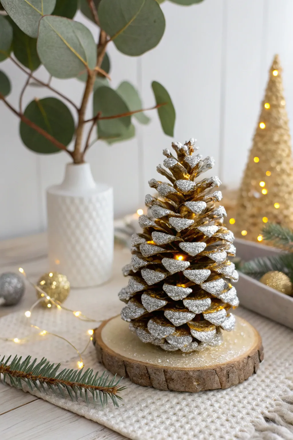 Bring a touch of festive nature indoors with these charming glittery pinecone trees, perfect for a minimalist holiday décor!