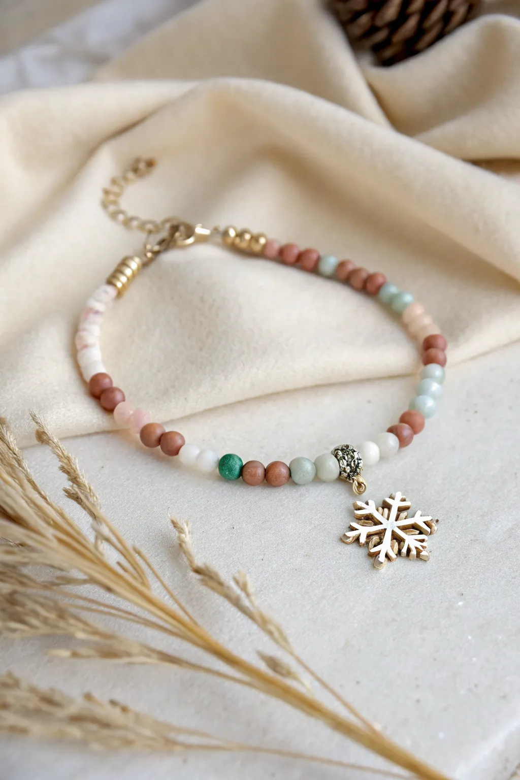 Embrace the charm of winter with this handcrafted snowflake-themed bracelet, a perfect blend of minimalist elegance and Boho warmth.