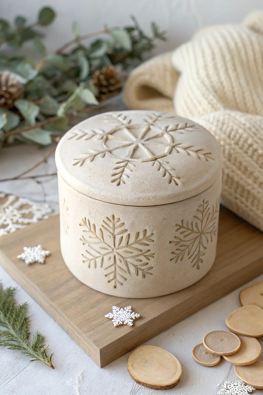 Embrace the season with a snow-kissed treasure: a handcrafted clay box that brings winter's charm indoors.