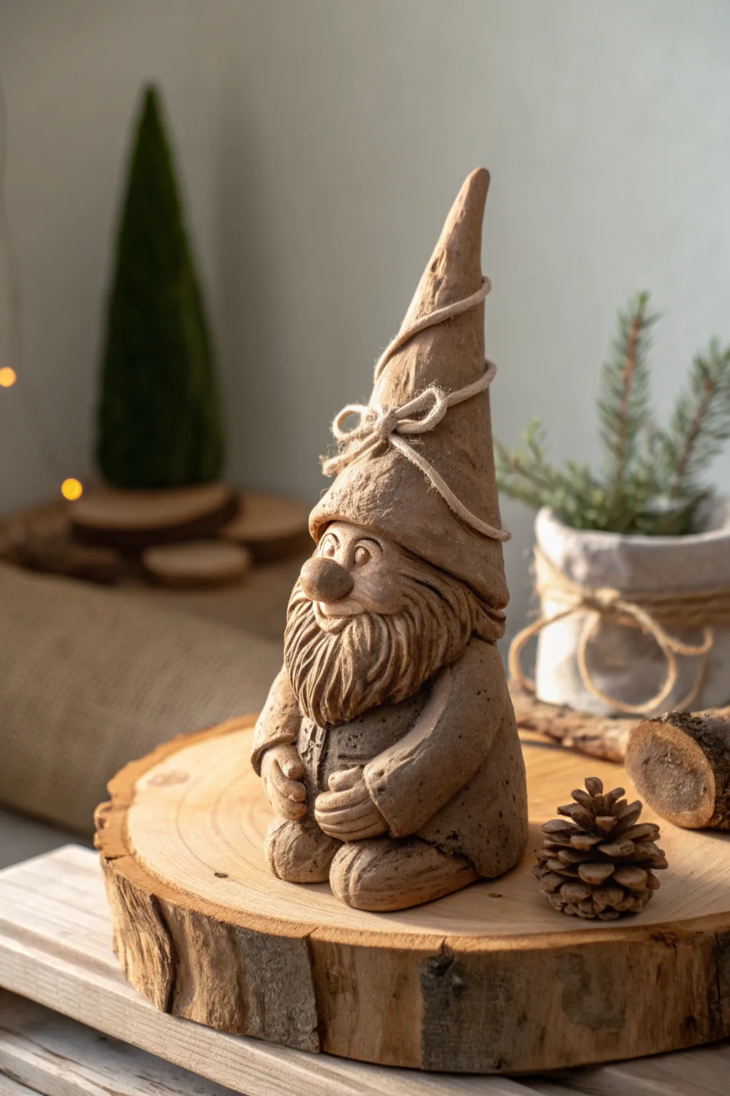 Embrace rustic charm with this beautifully crafted clay gnome, featuring natural elements for an earthy aesthetic. Perfect for adding a touch of whimsy and warmth to any space.