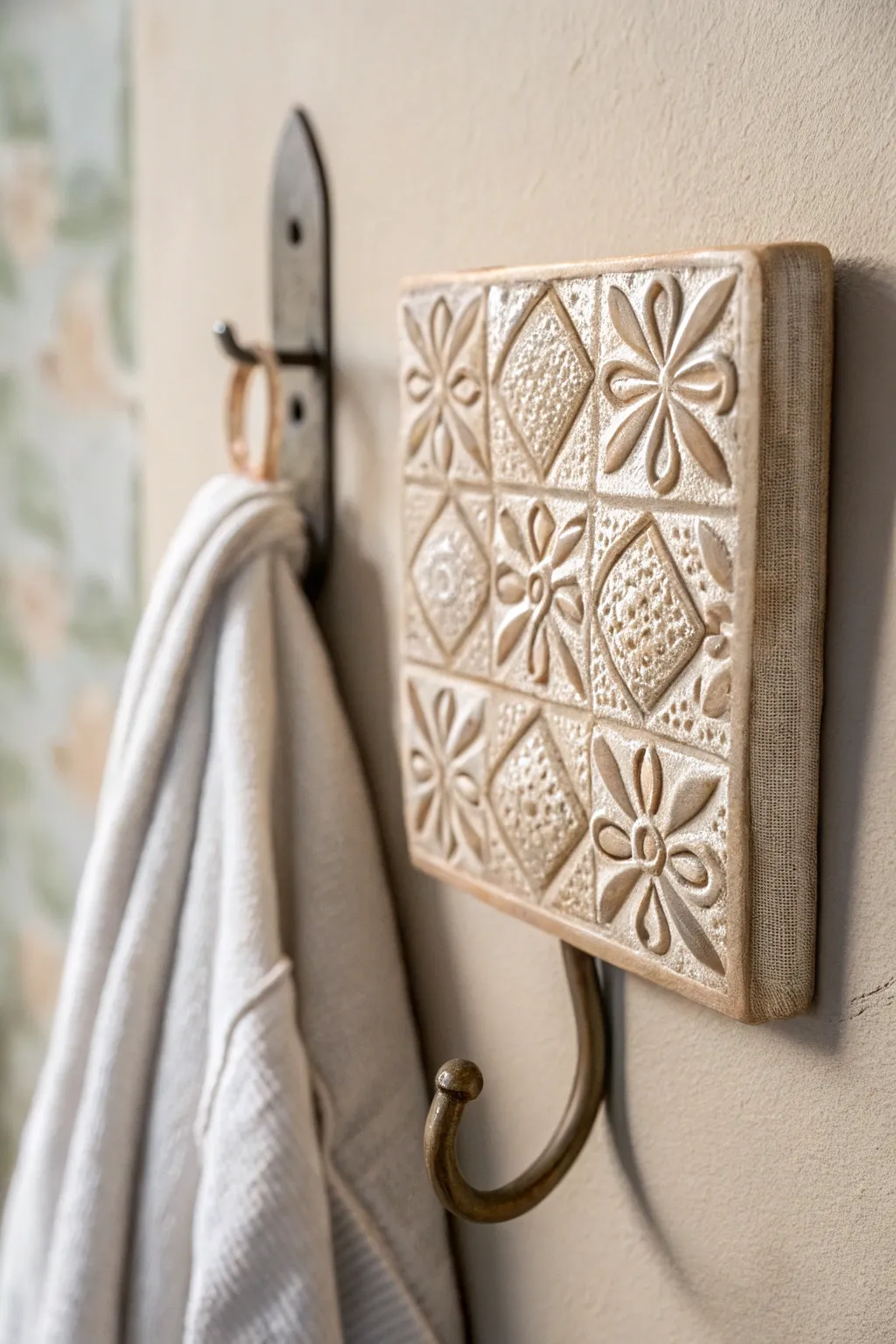 Add a touch of vintage elegance to your space with handcrafted clay hooks inspired by classic tile patterns.
