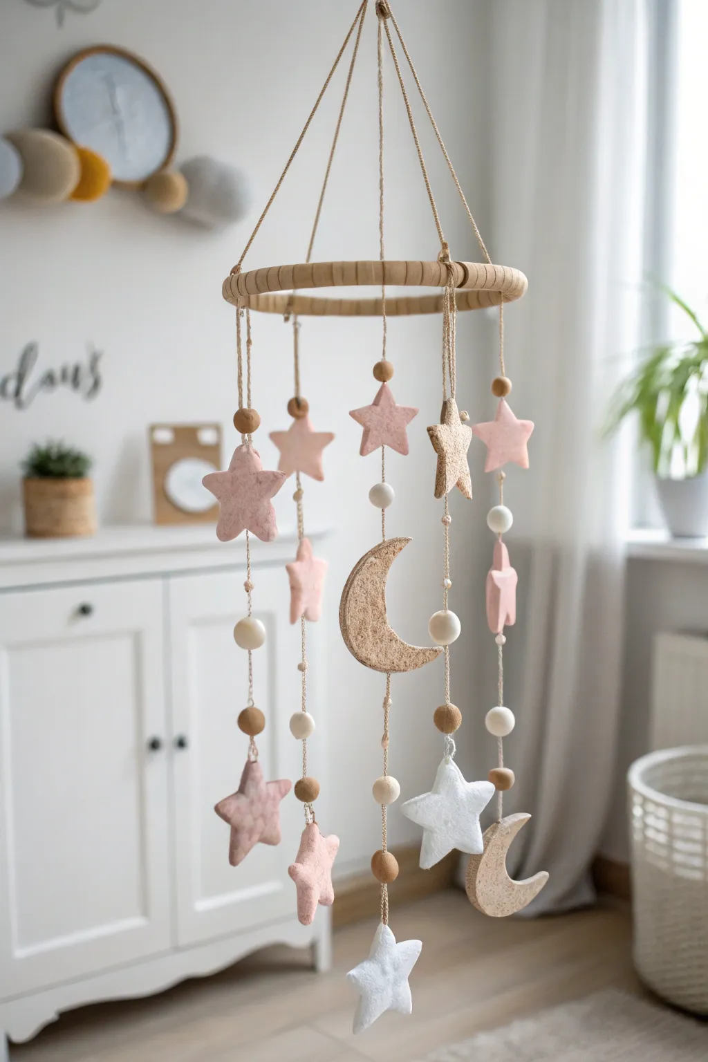 Serenity in Motion: Elevate your space with a dreamy clay mobile that whispers tranquility.