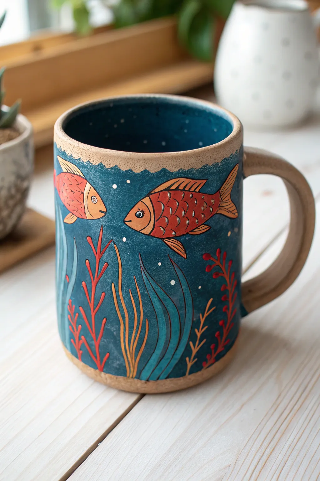 Dive into serenity with this handcrafted fish-themed clay mug, where vibrant colors meet minimalist design.
