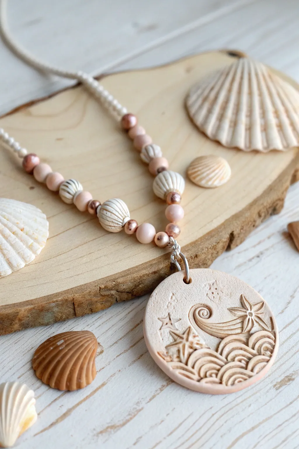 Embrace the ocean's charm with this stunning clay necklace, where shell and wave motifs meet minimalist elegance.