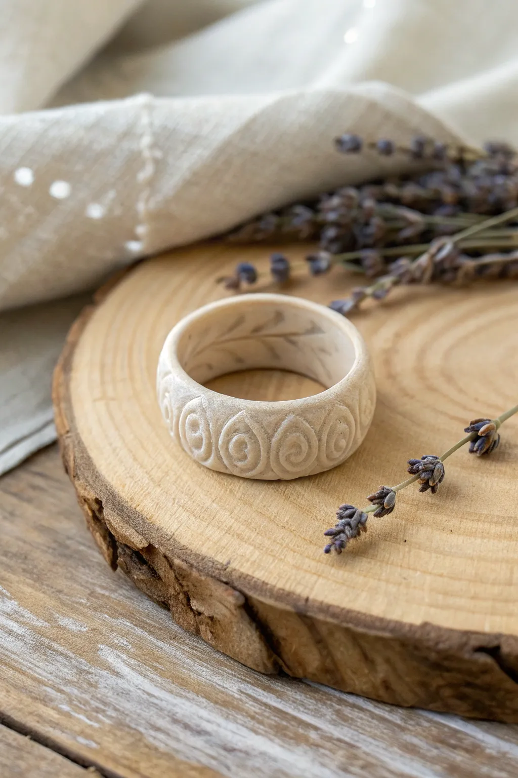 Embrace elegance with the simplicity of monochrome clay rings, where subtle patterns speak volumes.