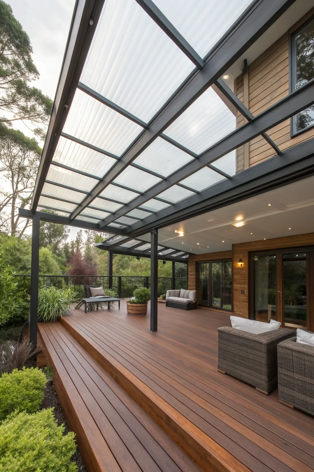 Transform your outdoor space with a stunning multi-level deck featuring clear roofing, blending craftsmanship with modern elegance.