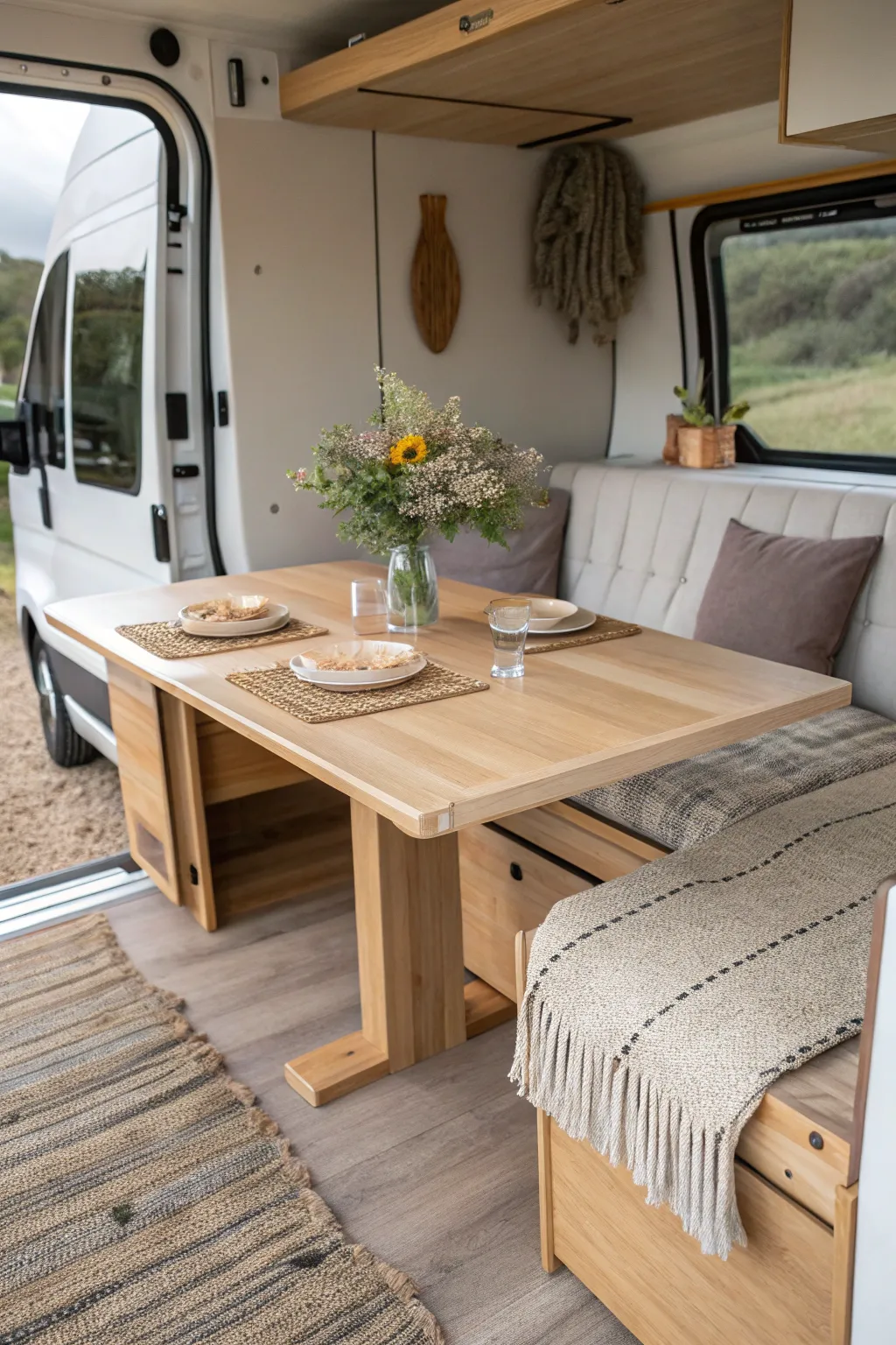 Transform your campervan space with a sleek, extendable dining table — where style meets functionality.