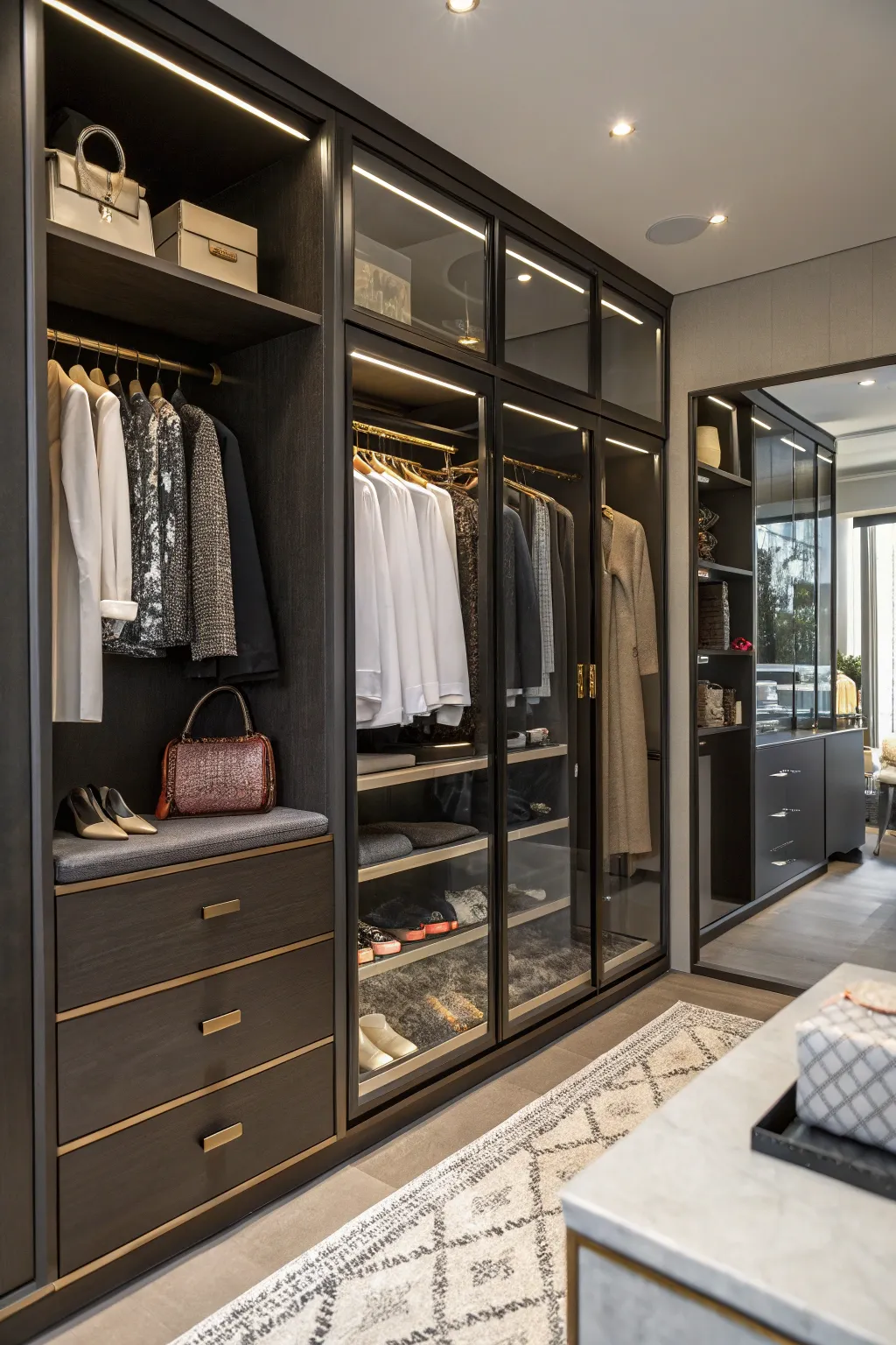 Boutique-style closet with open shelving and elegant finishes.