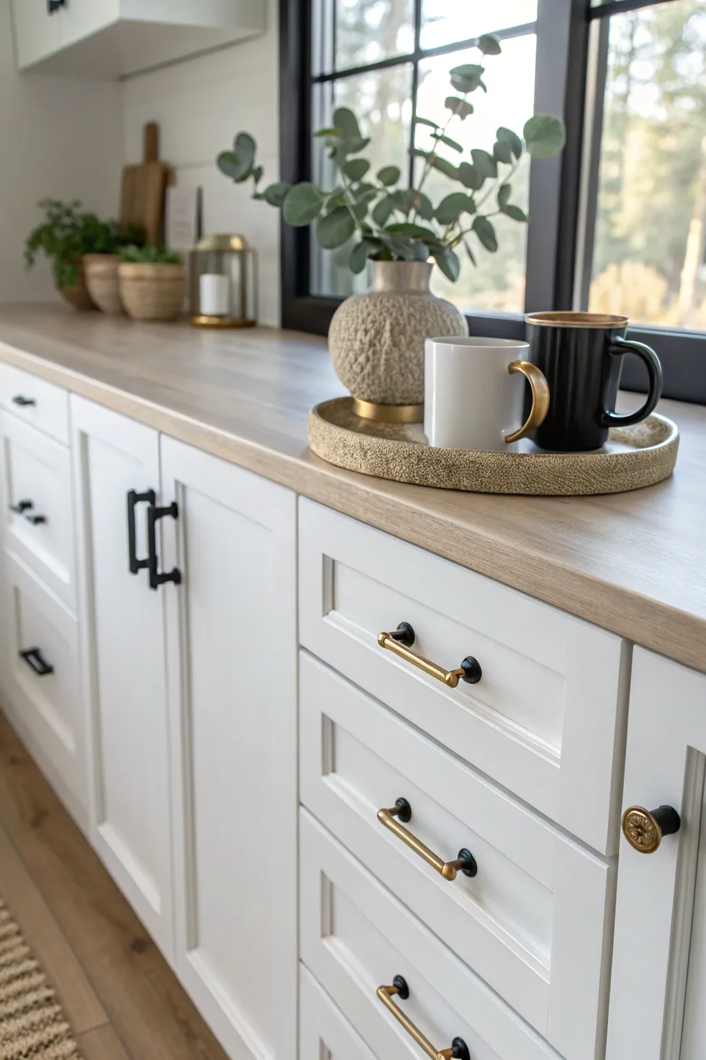 Transform your closet coffee bar with a chic mix of metal hardware for a unique, high-end look.
