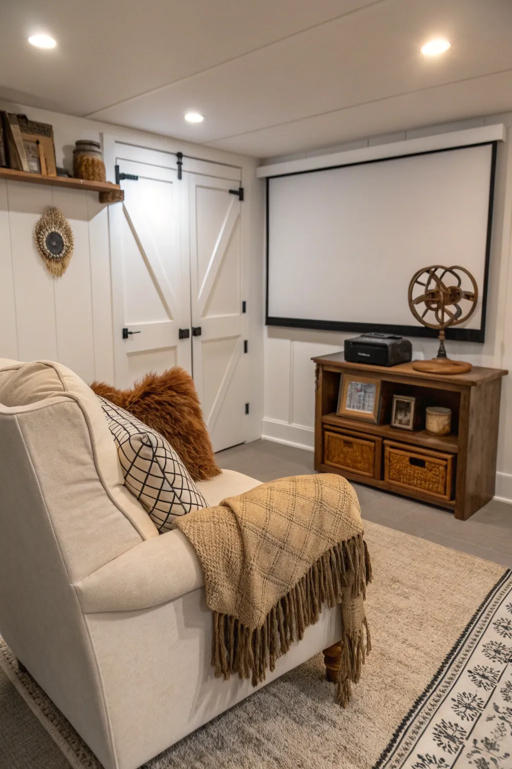 Transform your closet into a hidden home theater haven, where minimalism meets boho charm!