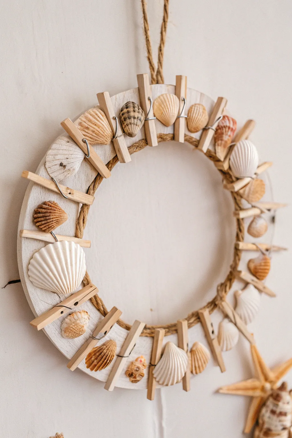 Bring the beach home with a seashell-adorned clothespin wreath—simple, natural elegance with a splash of summer memories.