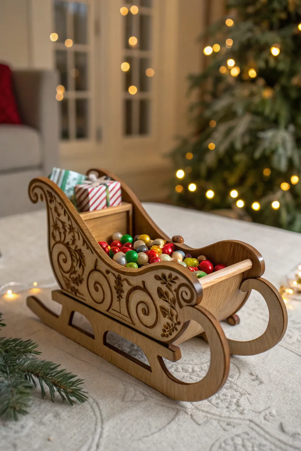Crafted with precision, this miniature Santa sleigh brings a touch of festive charm, perfect for holding holiday treats.